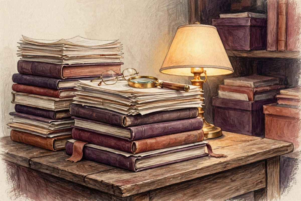 Illustration of an archive desk with stacked journals and papers, reading glasses and a magnifying glass under a lamp