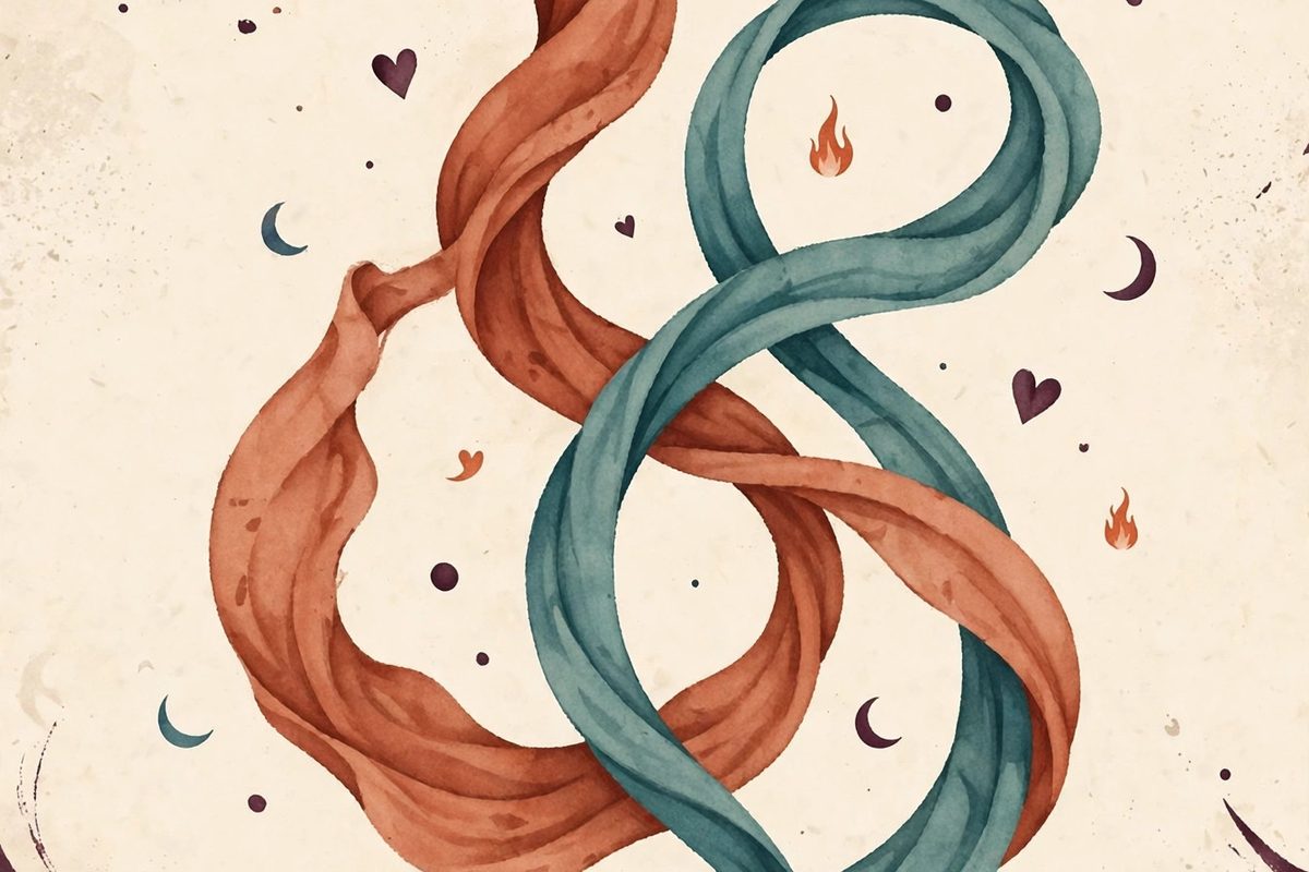Abstract illustration of terracotta and teal ribbons intertwining, surrounded by hearts, flames and moons